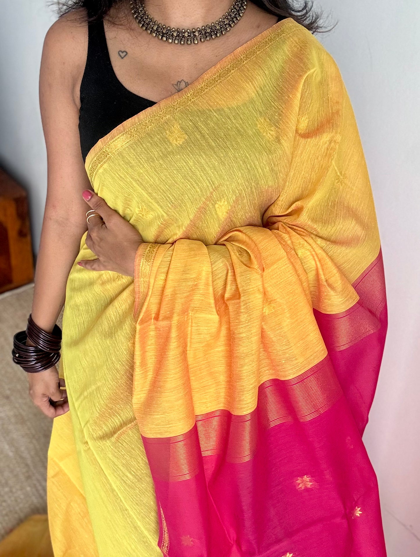 Yellow with pink, gold buttas, semi maheshwari cotton silk - YCCOTNFEJUSM08