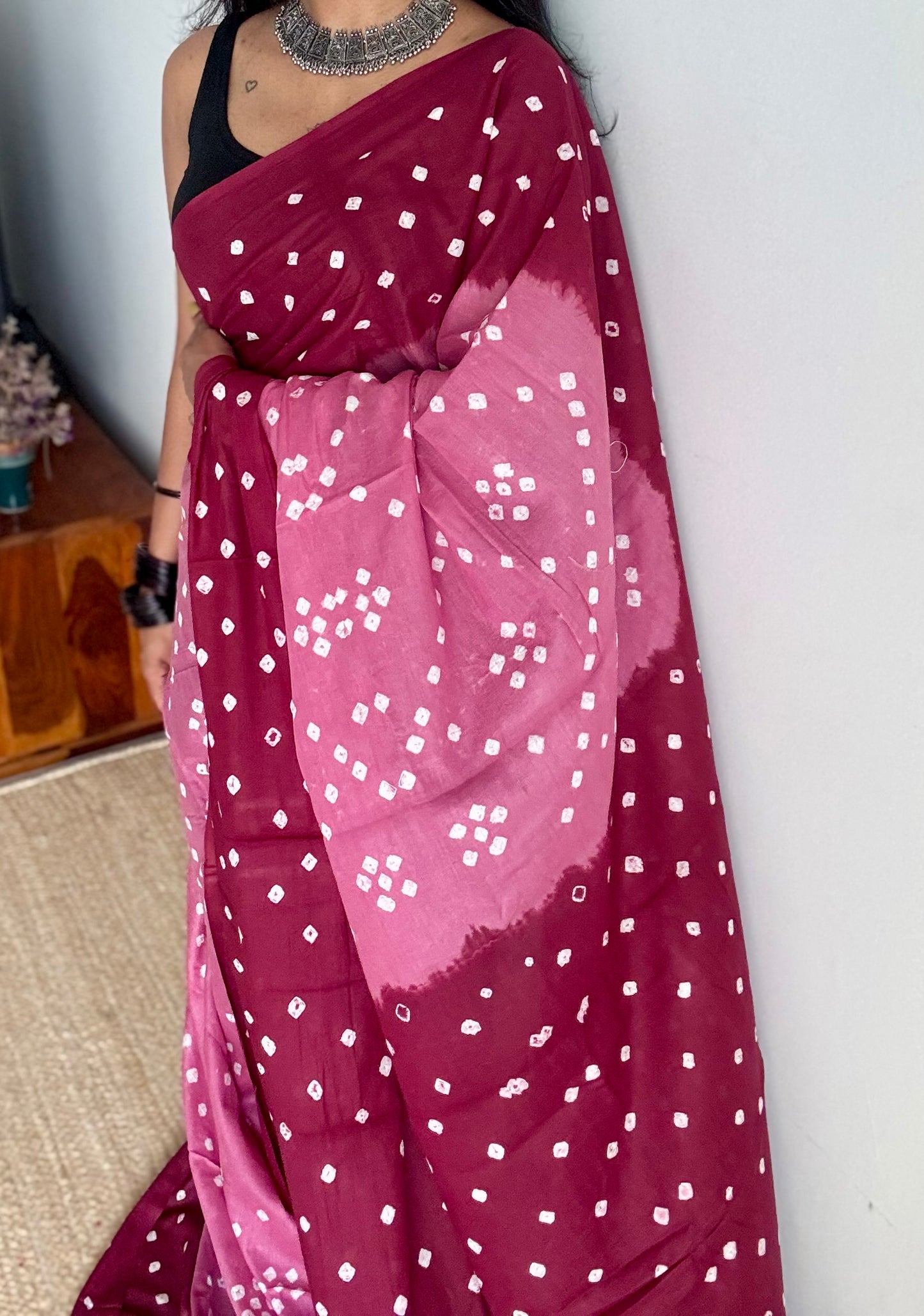 Pink with maroon Sungudi/Bandhani, soft cotton - YCCOTNSEMS79
