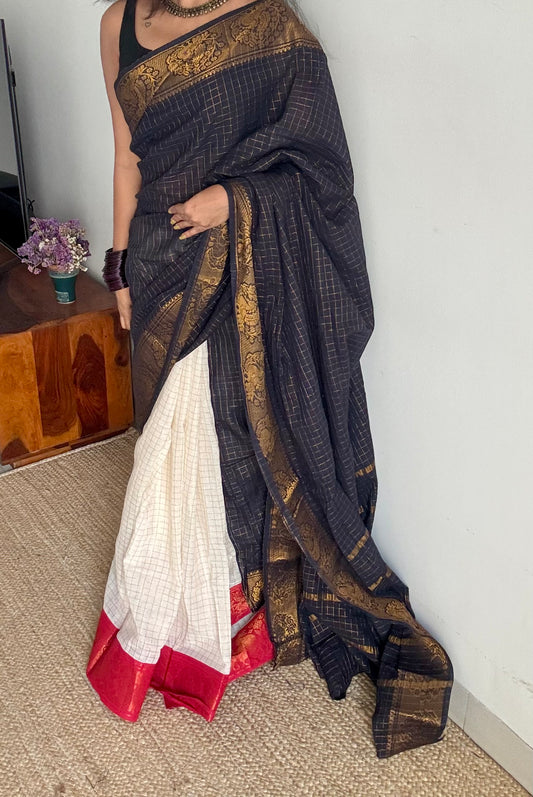 Black with ivory and red, sungudi cotton half-half saree - YCCOTNMSFE374