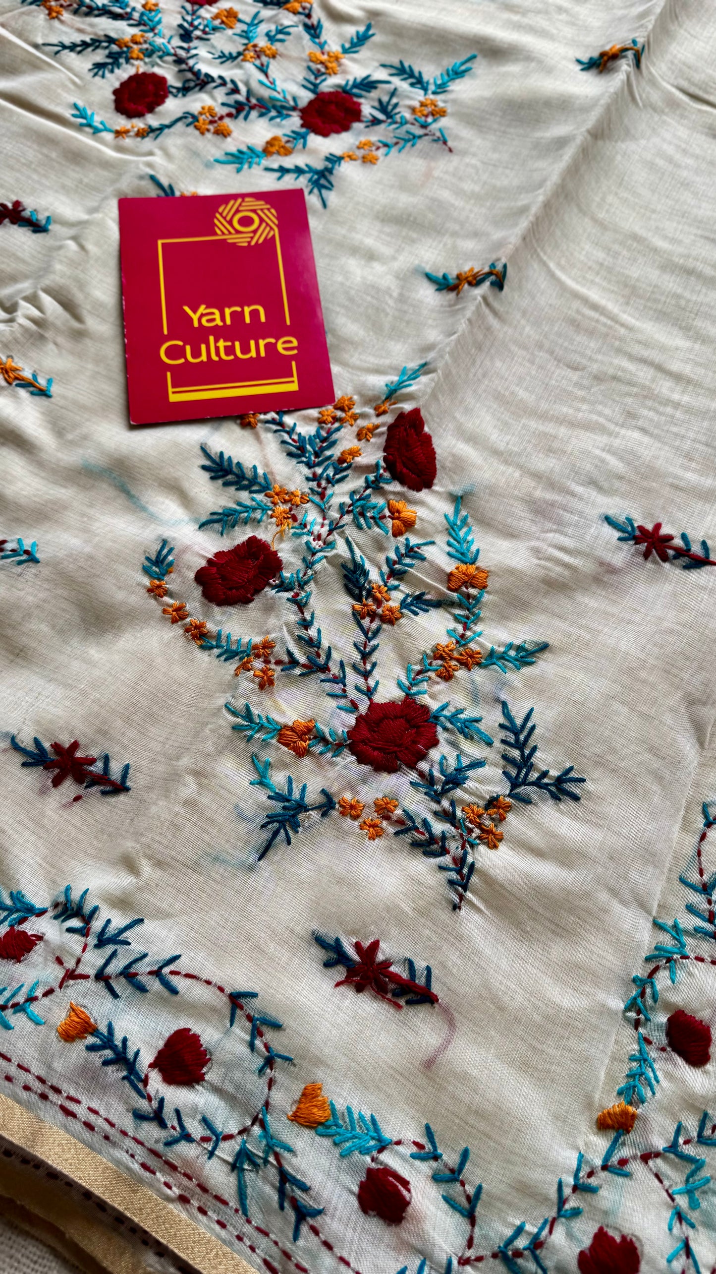 Ivory maheshwari cotton silk blend with red and blue floral kantha threadwork - YCBLJULMK03