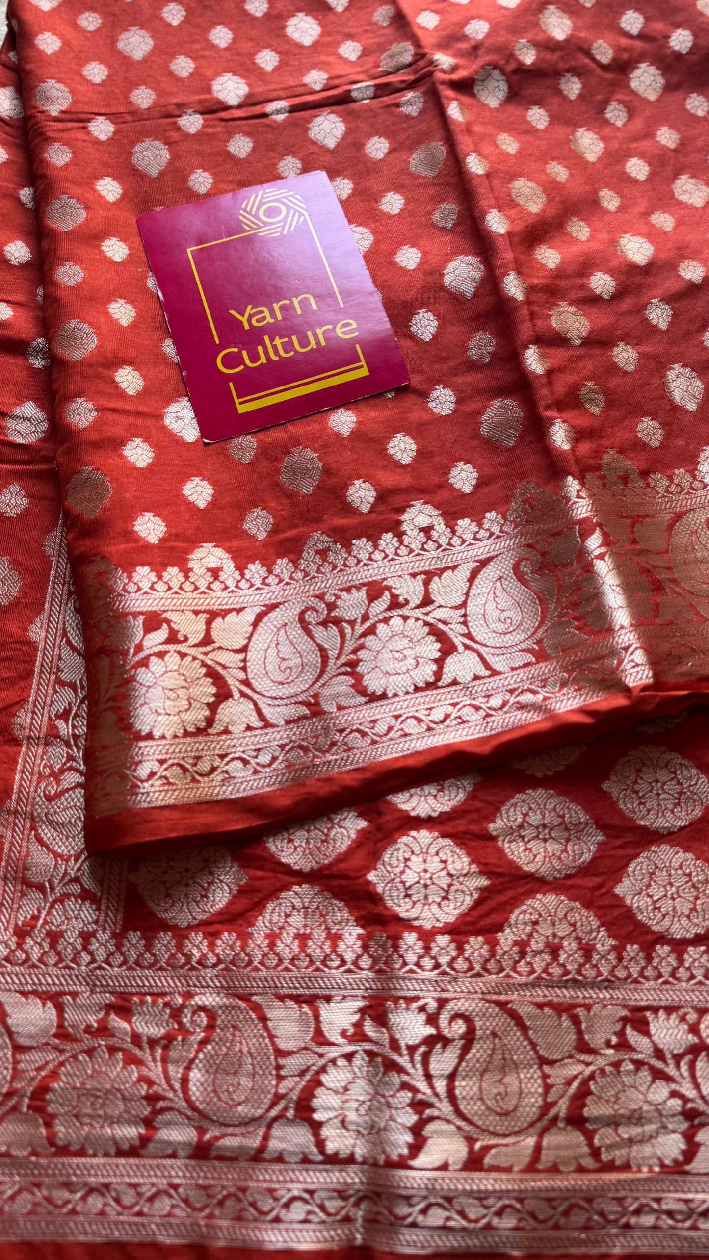 Burnt red, silver buttas and zari, Banarasi semi-silk - YCDESE36