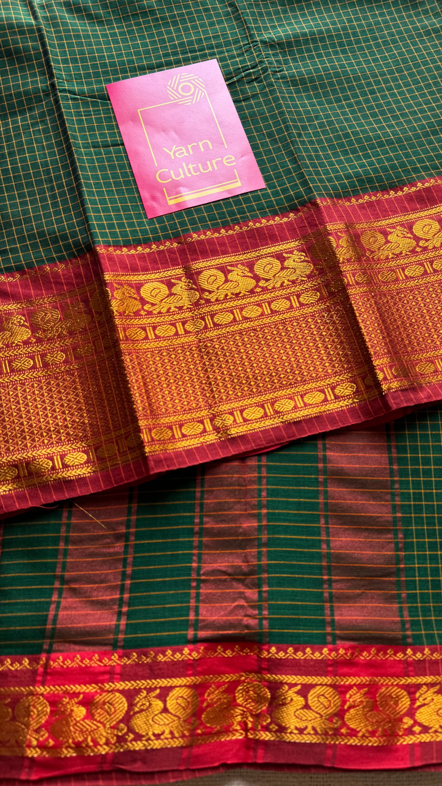 Dark green checks with zari border, premium narayanpet, soft cotton - YCWOTDOCNP01