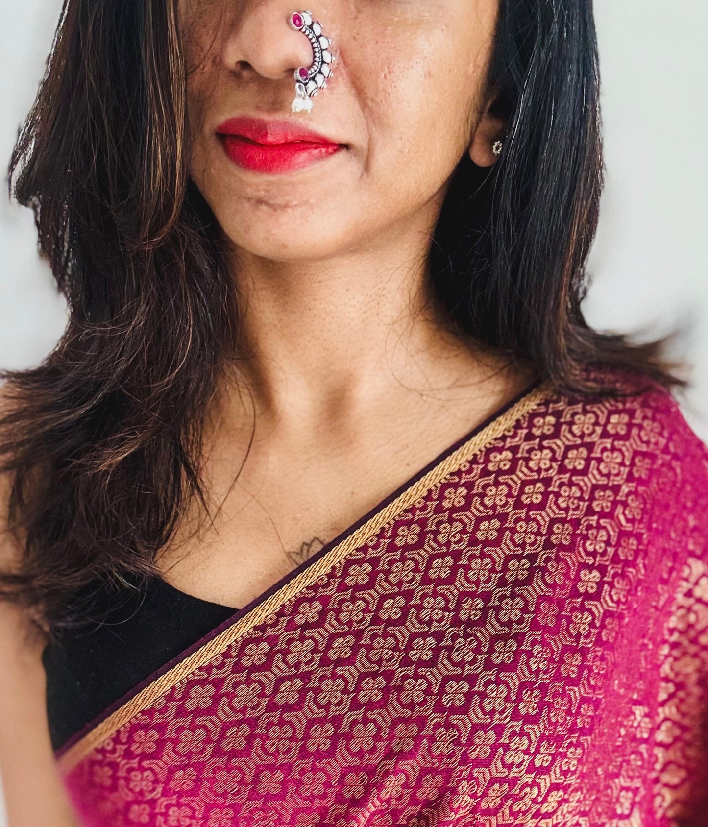 Oxidised silver, ruby stone, clip on Maharashtrian nath - YCOSNC195