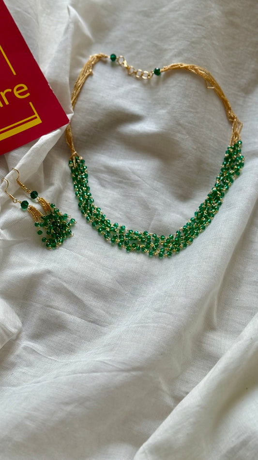 6 layered green beaded neckpiece with earrings - YCGPNP629