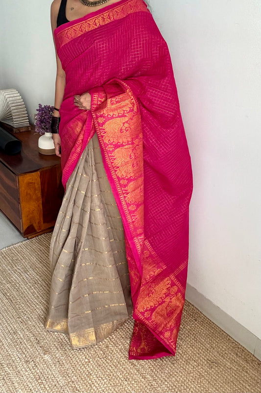 Hot pink and warm grey, sungudi cotton half-half saree - YCCOTNIDMA304