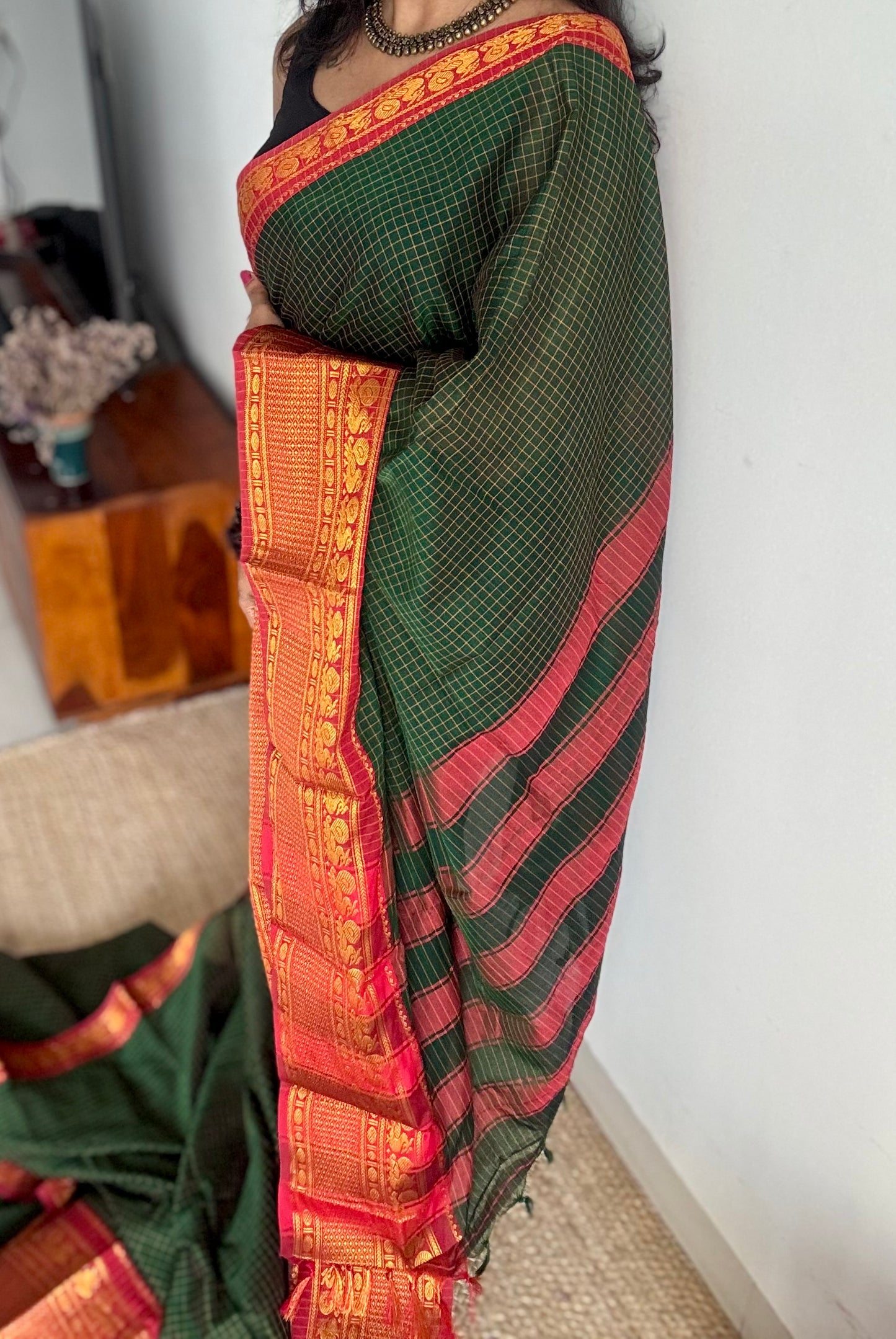Dark green checks with zari border, premium narayanpet, soft cotton - YCWOTDOCNP01