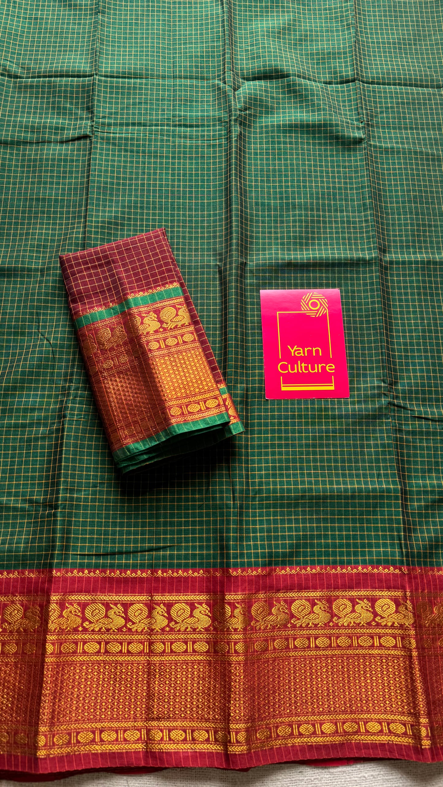 Dark green checks with zari border, premium narayanpet, soft cotton - YCWOTDFEBB12