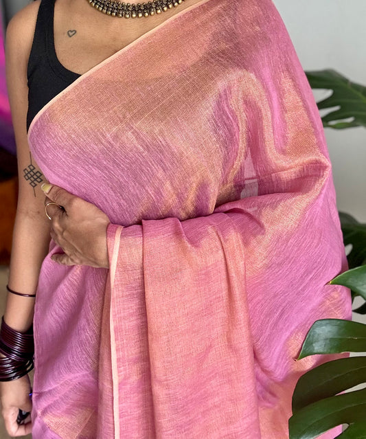 Onion pink with gold, dual tone metallic tissue linen saree - YCBCLTOC54