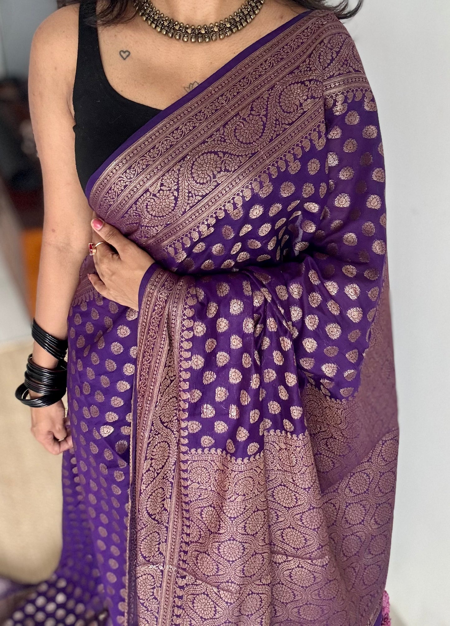 Aubergine - Dark purple, antique gold zari, Banarasi semi georgette - YCBLFEGAGZ12