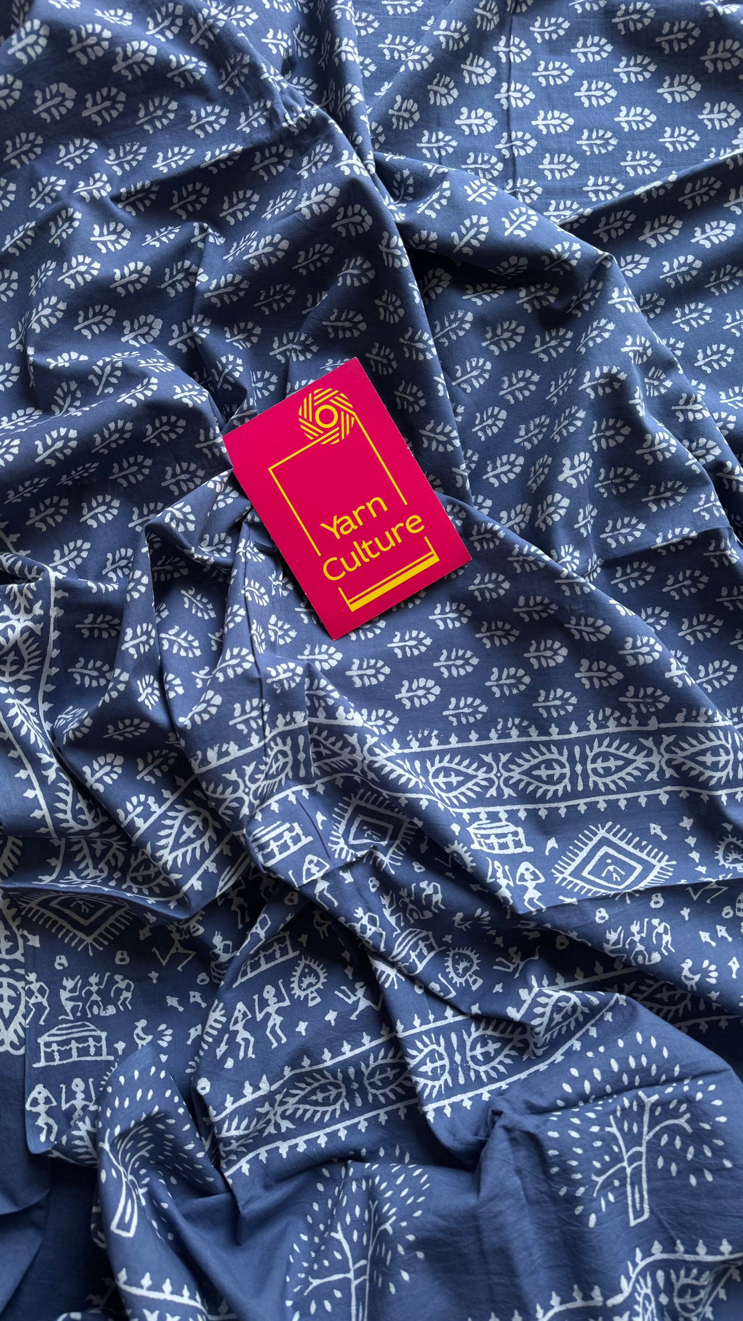 Greyish blue with off white floral block printed soft cotton saree - YCTORCMA21