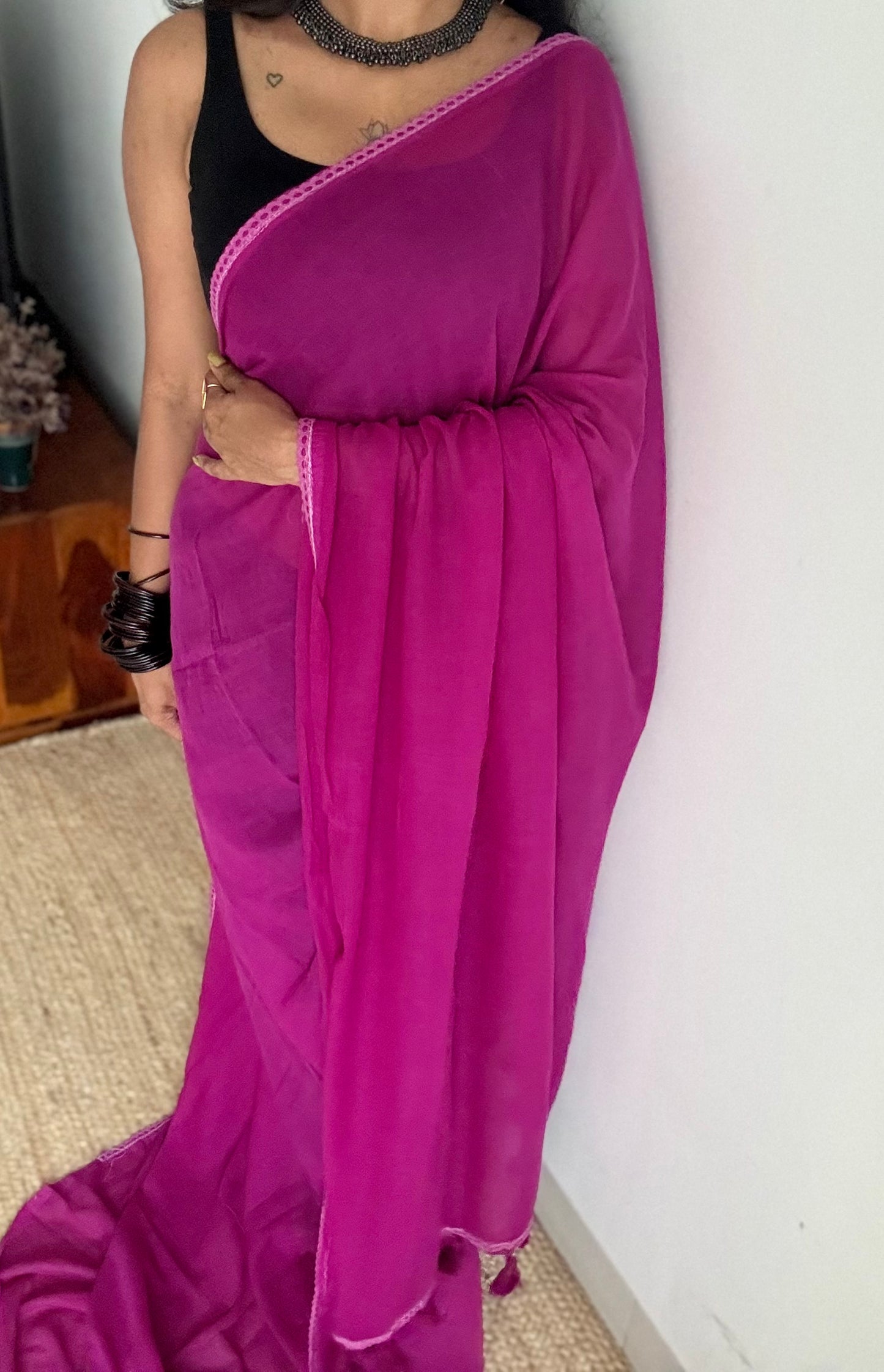 Purple pink plain mul with lace border - YCBCMCLSE02