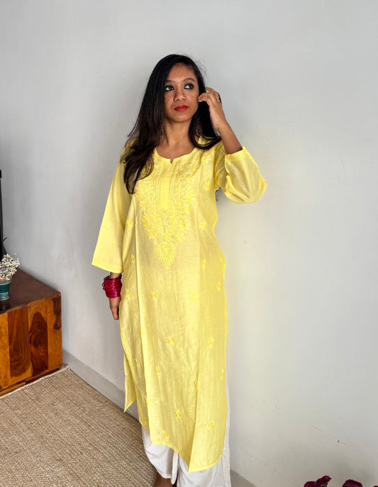 Light yellow chanderi chikankari with ghas patti work, stitched kurta, round neck, three fourth sleeves - YCSECK05