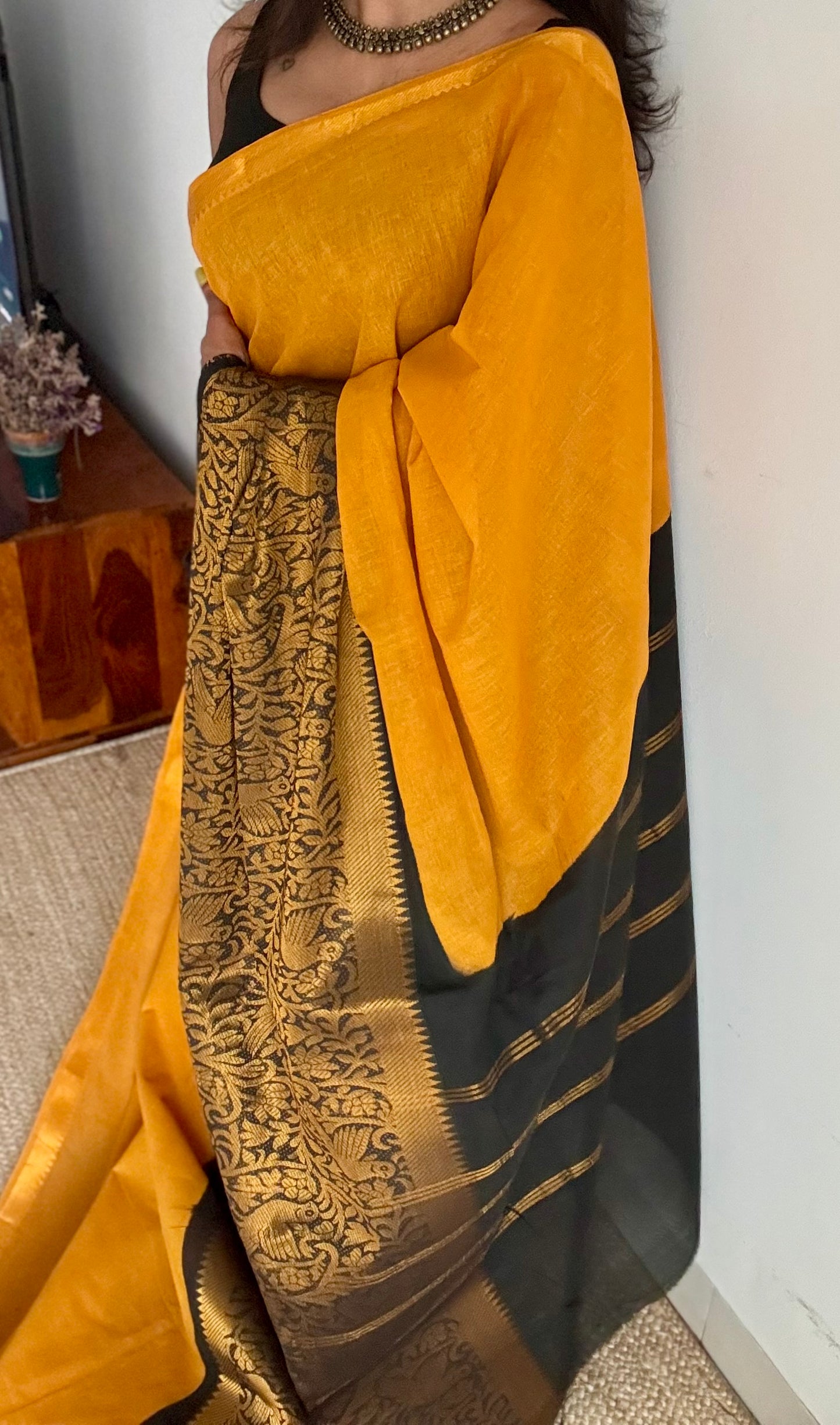 Yellow with black vanasringaram long border - madurai soft cotton - YCCOTNSEMS72