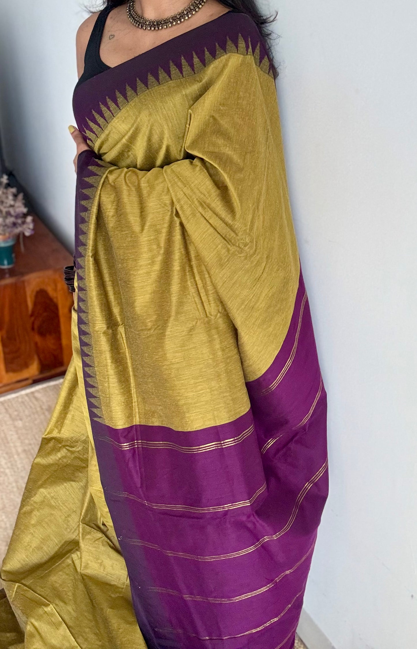 Green with purple temple border - cotton silk - YCCOTNSEKCS21