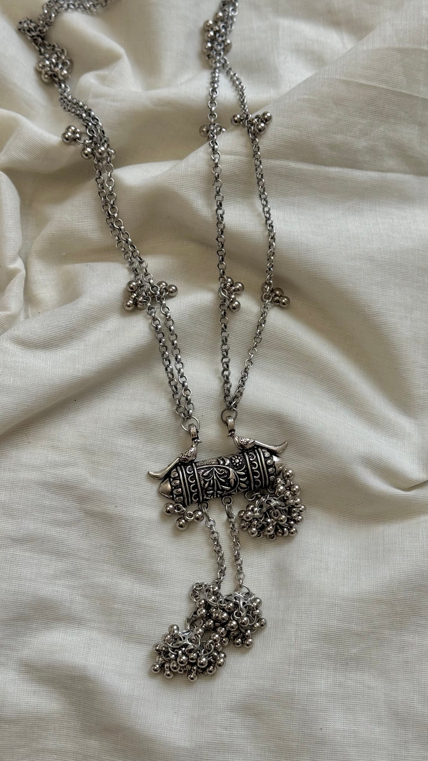 Long gungroo pendant chain, oxidised silver - YCOSNP308