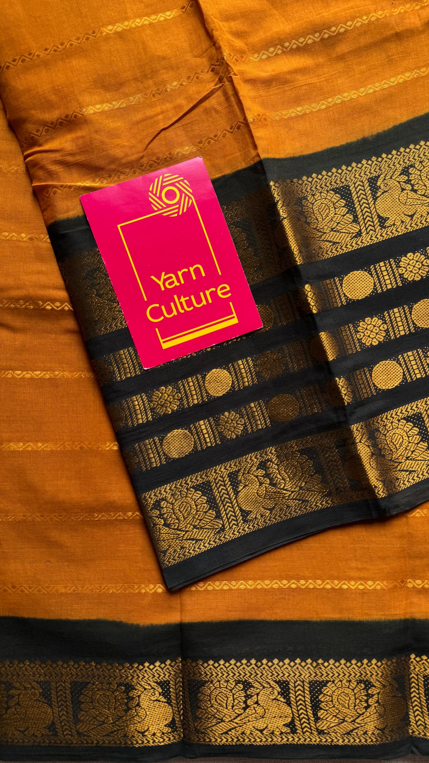 Turmeric yellow with black, peacock rudraksham motif, single side broad zari - madurai kattuchayam dyed - YCCOTNAUS27