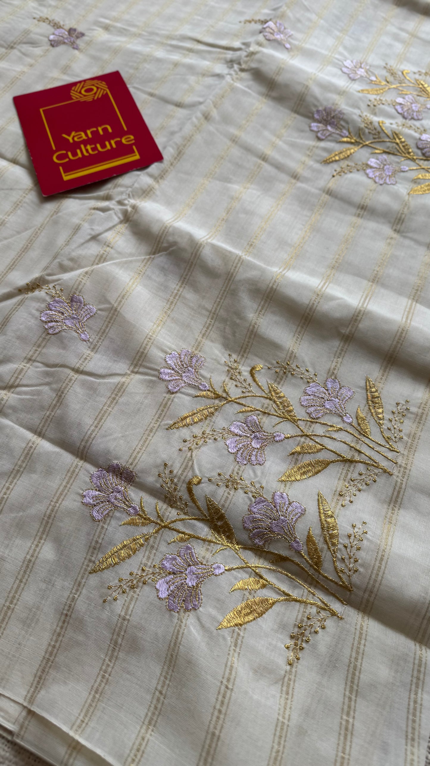Ivory and gold with lavender flower embroidery, striped zari, kerala cotton - YCON25KCSFE261