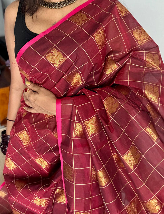 Maroon dual tone checks with peacock motifs, kanchi cotton saree - YCCOTNKCFE337