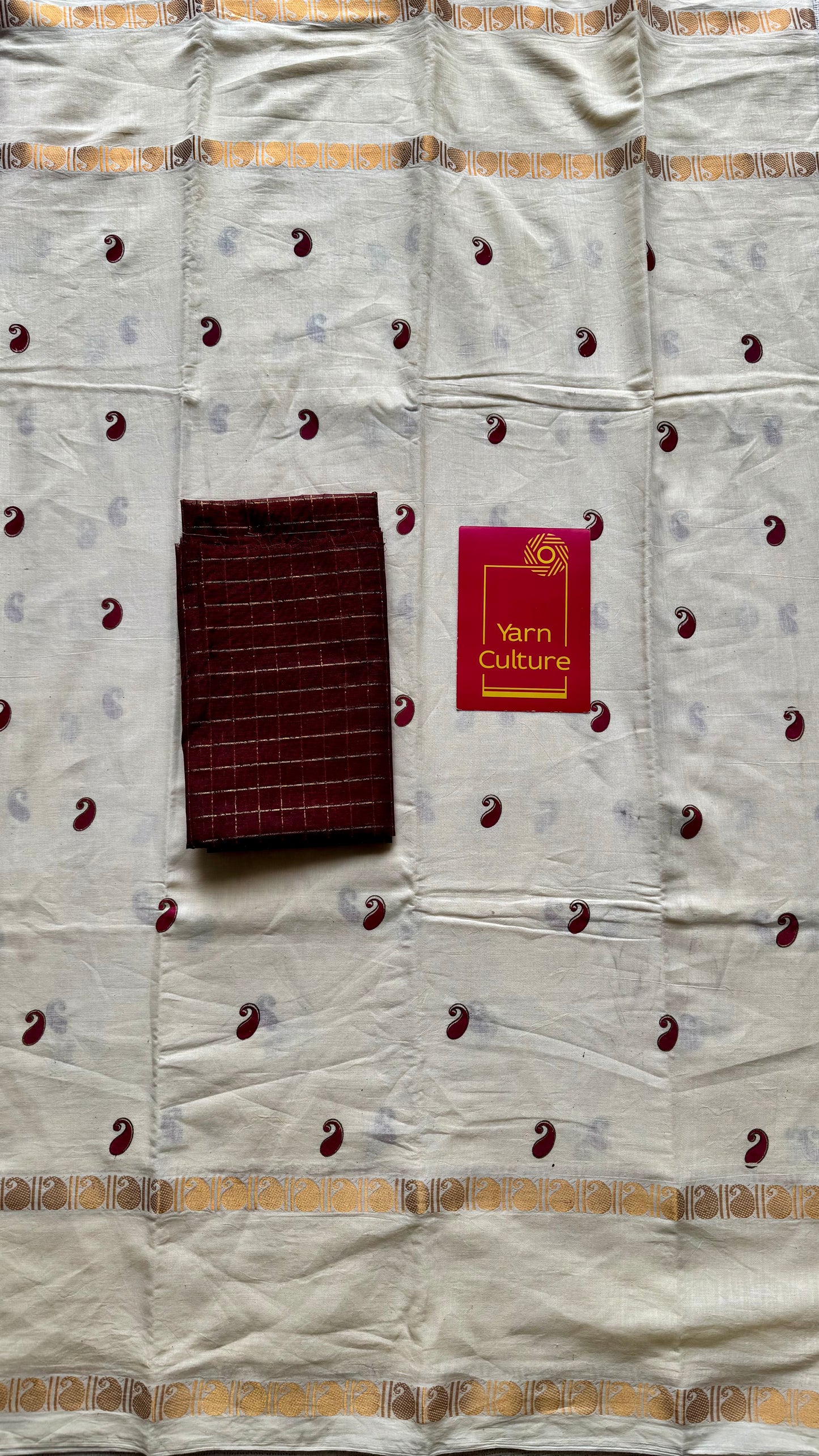 Ivory and Gold with paisley motif block printed buttas, zari border, soft Madurai cotton - YCON25MC268