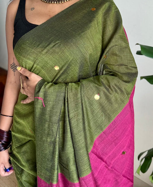 Olive green with ruby contrast pallu, gini sequins, soft cotton saree - YCBCSCOC07
