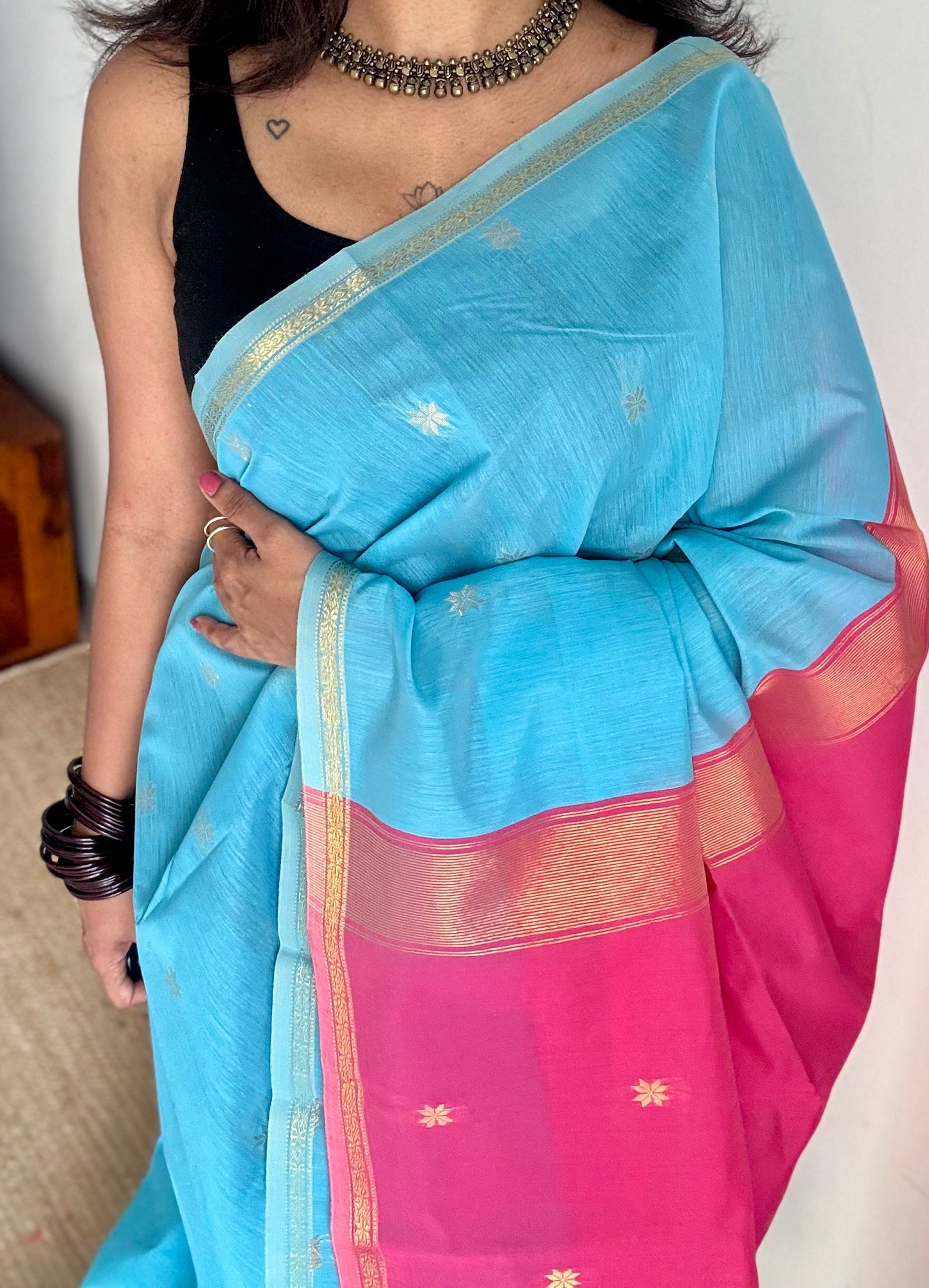 Sky blue with pink, gold buttas, semi maheshwari cotton silk - YCCOTNFEJUSM06