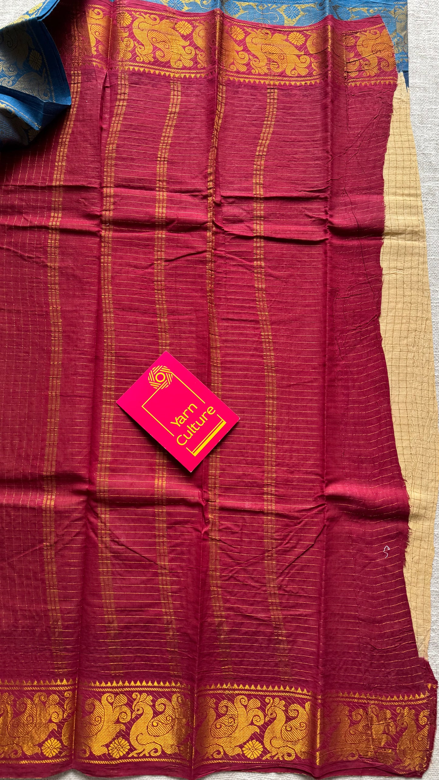 Blue - red sungudi cotton checks, sandal colour base, soft cotton - YCCOTNJSUN01