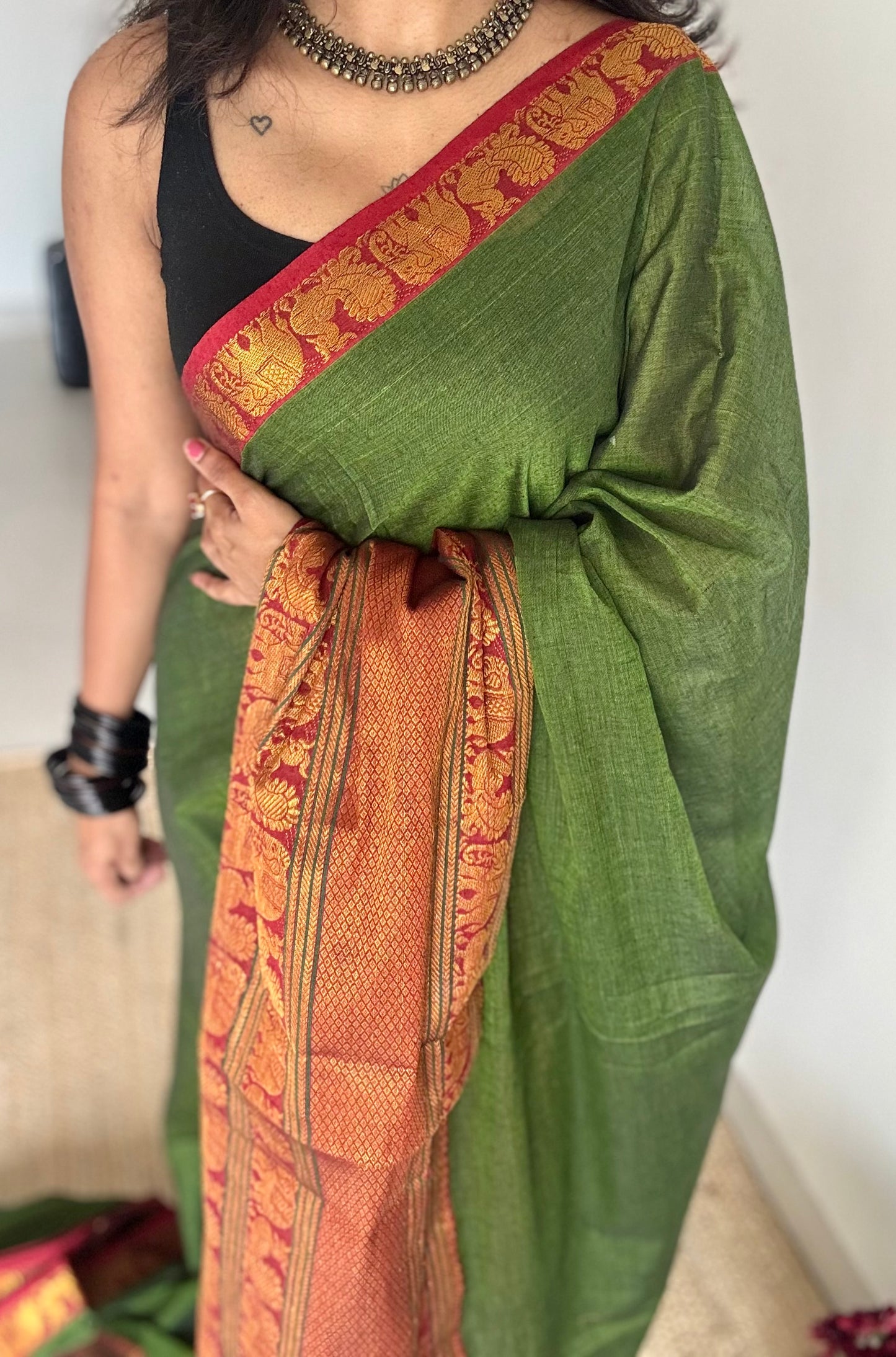 Green with broad zari border, premium narayanpet, soft cotton - YCWOTDFEBB06
