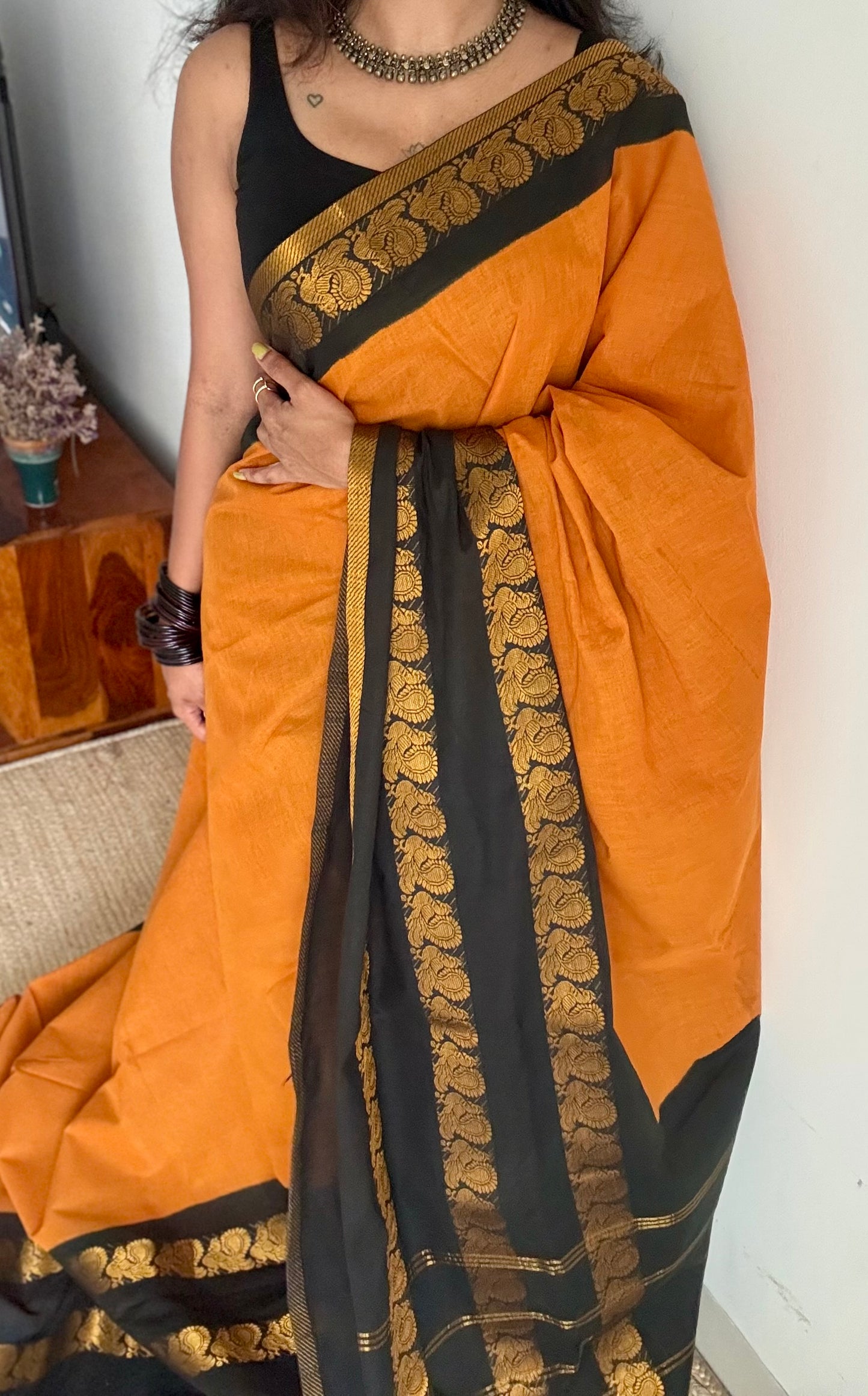 Dark turmeric and black sungudi with triple peacock motif rettai pettu wide border - YCCOTNSEMS46