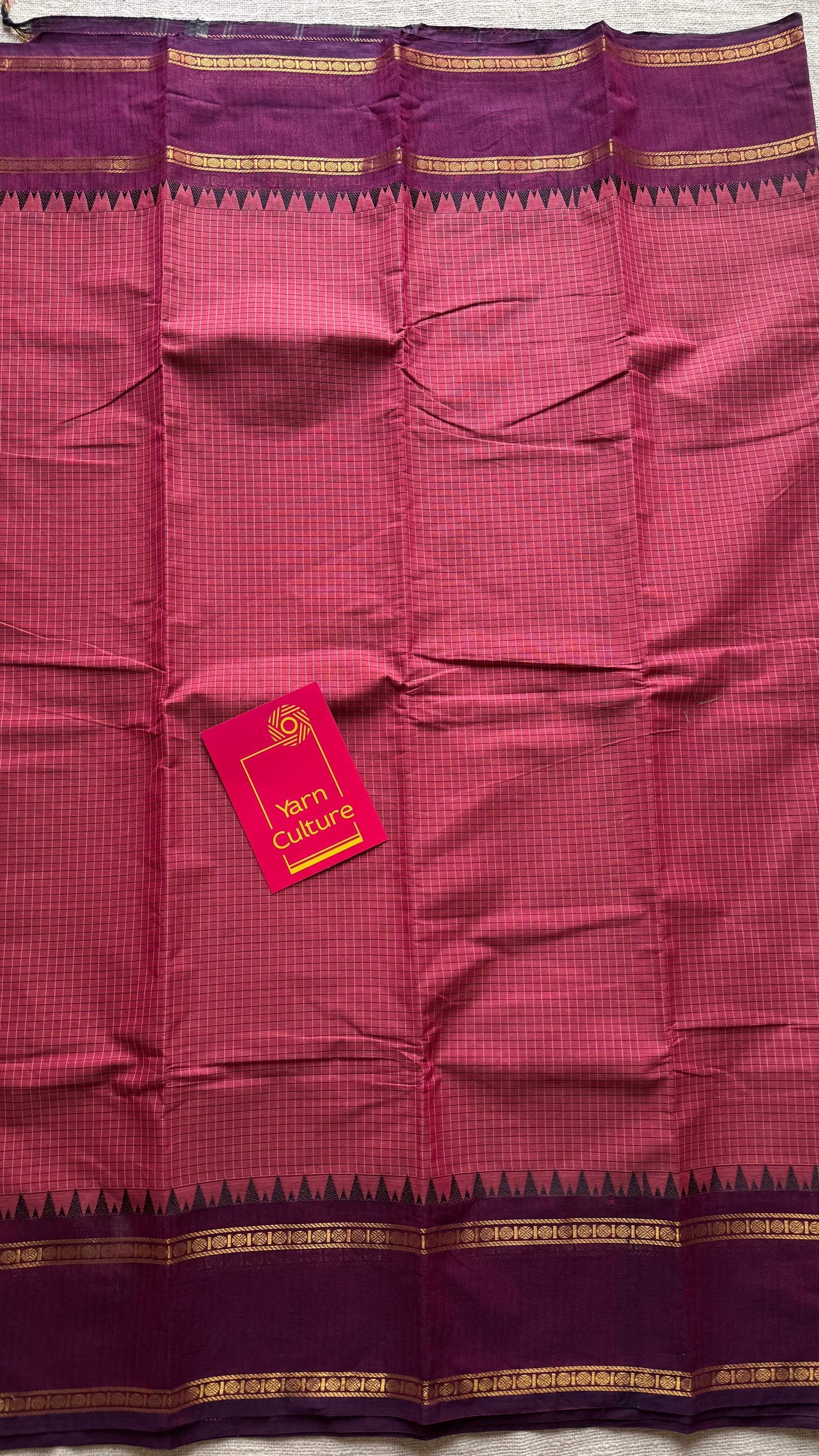 Dark pink with maroon border, temple motifs, checkered body, kanchi cotton - YCCOTNOCKC29