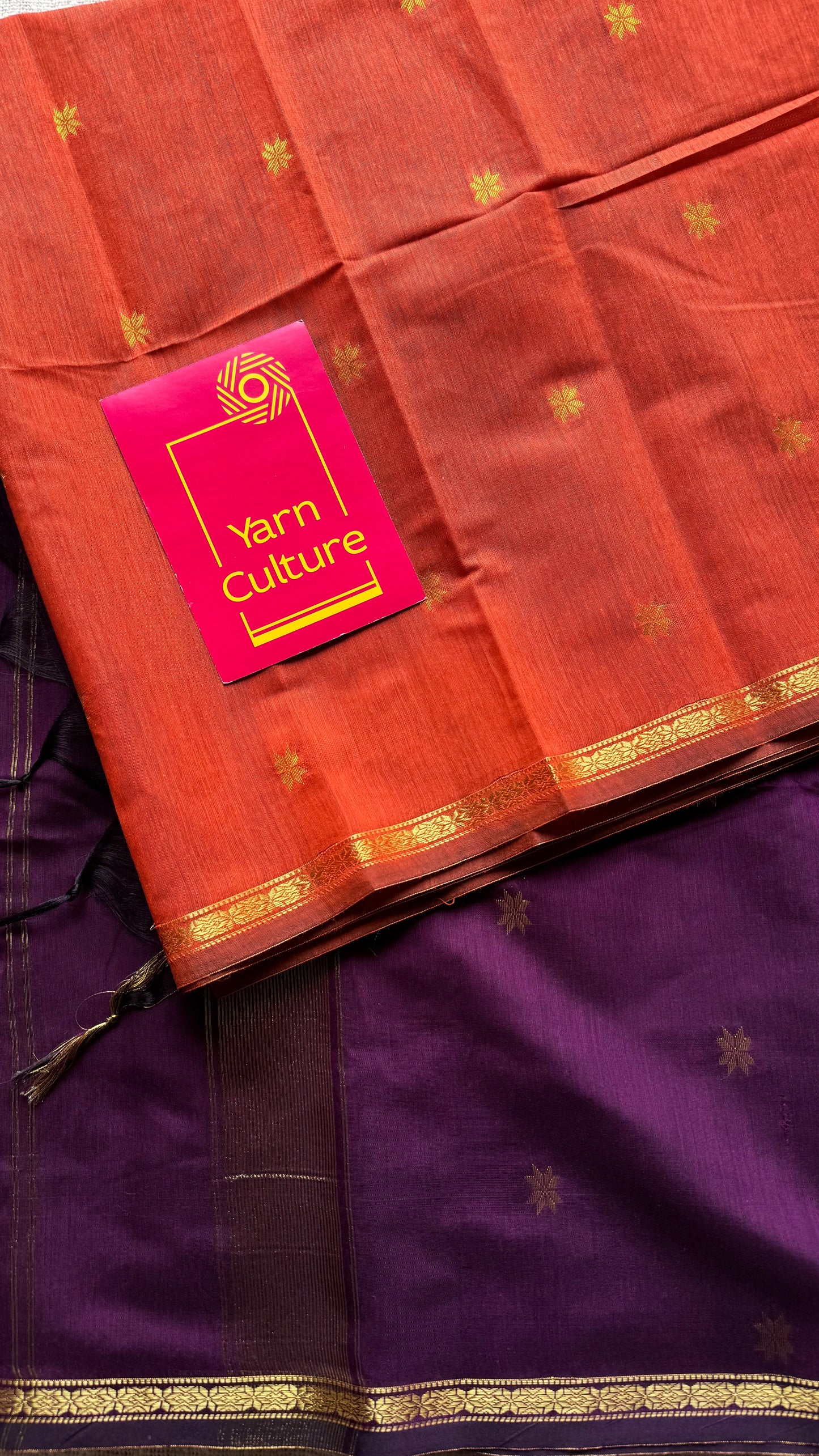 Orange with purple pink (vadamalli), gold buttas, semi maheshwari cotton silk - YCCOTNFEJUSM02