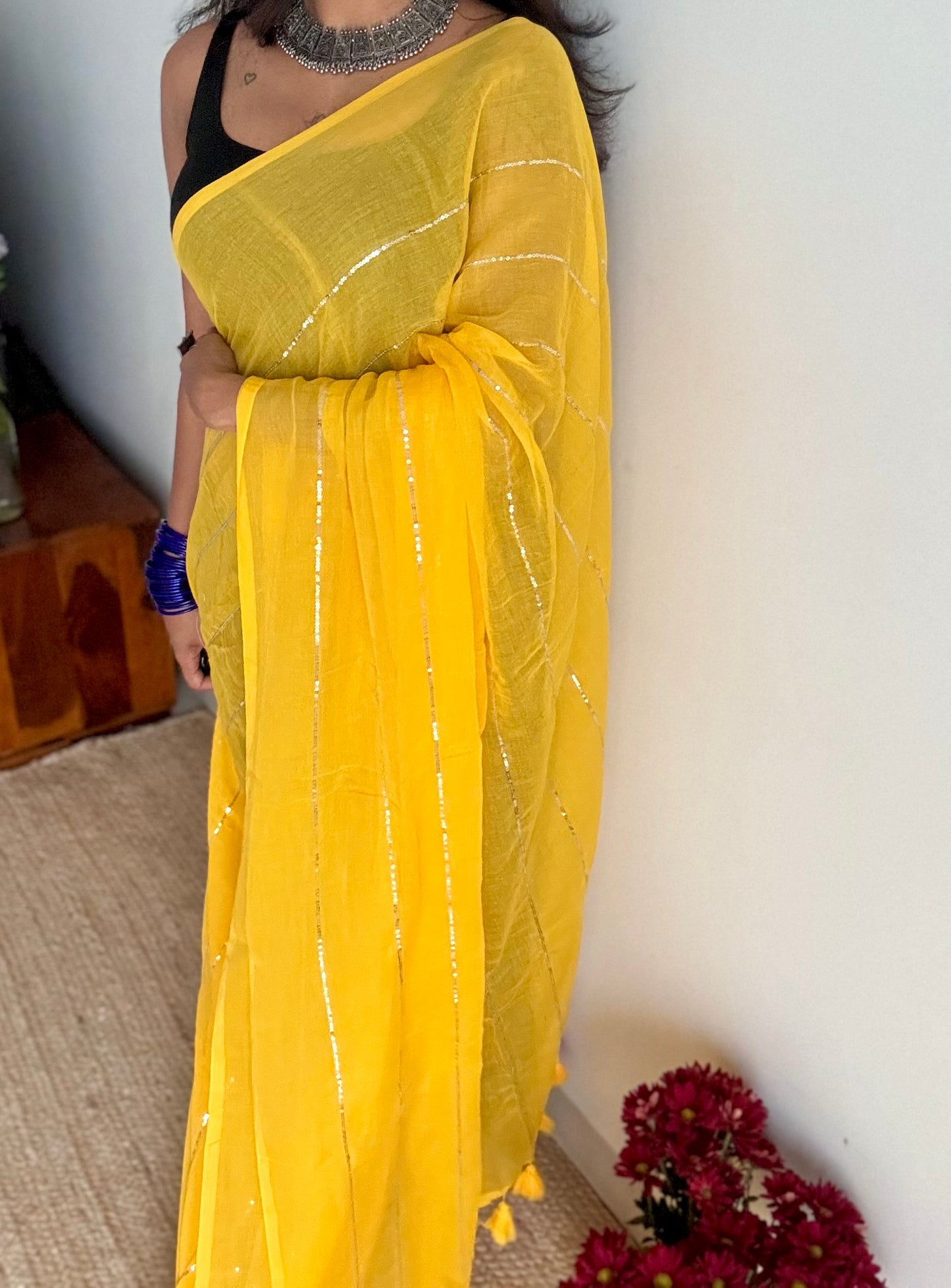 Yellow mul with silver sequins - YCBCMCLSE54