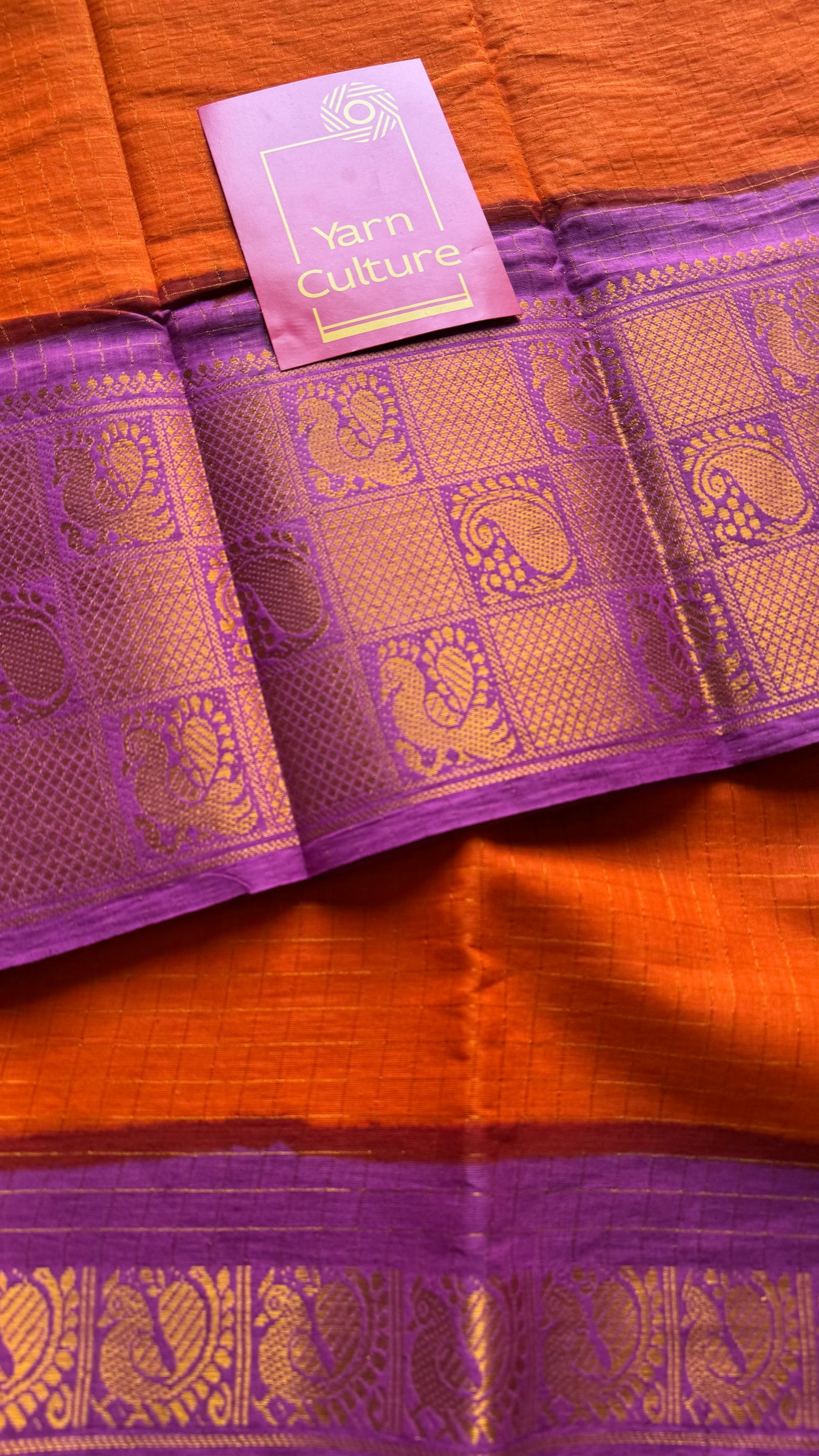 Orange checks with purple pink mayuri checkered zari border, madurai cotton - YCCOTNOCSC02