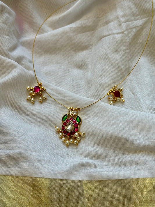 Invisible neckchain with jadau kundan stones & pearl hangings - ruby, green, white - YCGPNP690