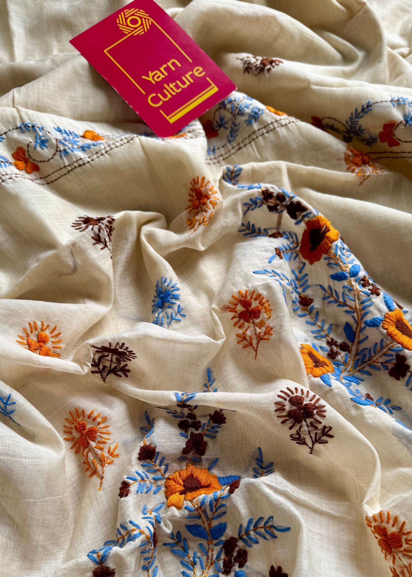 Ivory maheshwari cotton silk blend with yellow and blue floral kantha threadwork - YCBLAUMK11