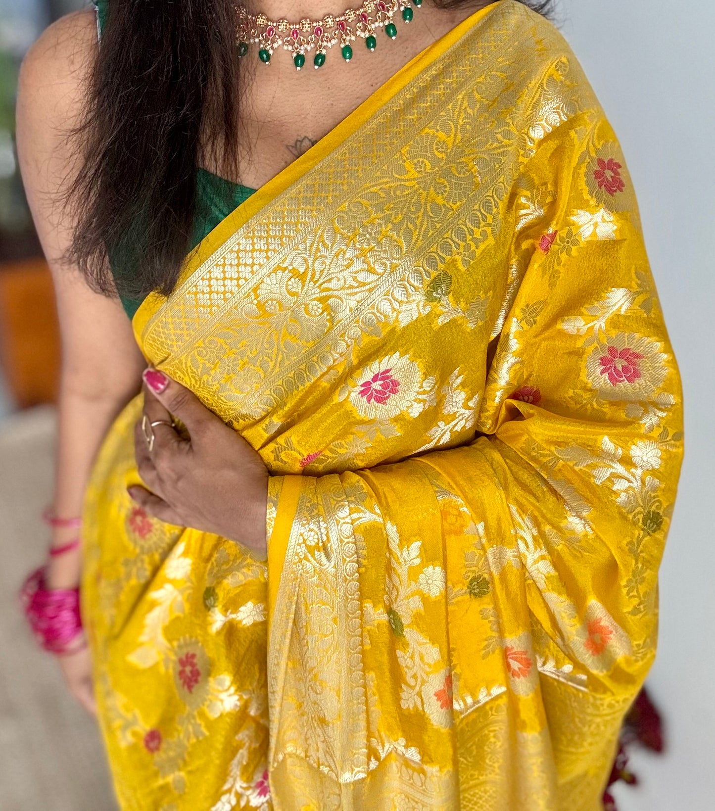 Yellow meenakari floral pattern in silver zari, Banarasi katan dupion silk - YCDESE11