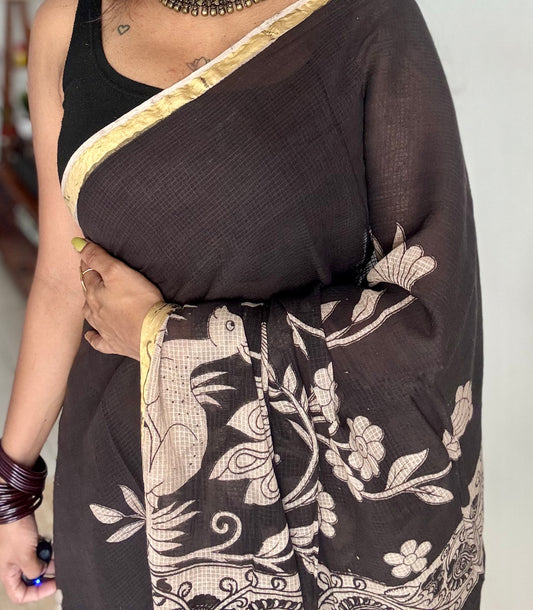 Black floral kalamkari saree in kota - YCWOTDMA356