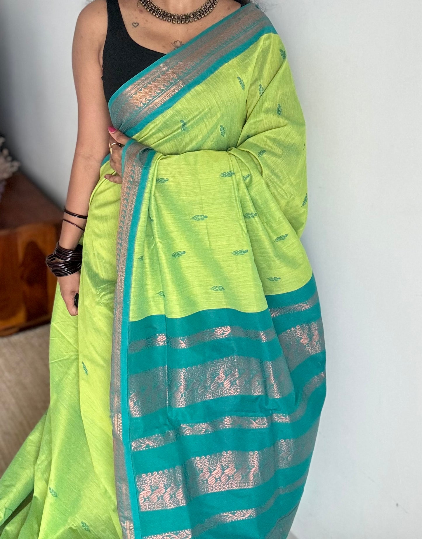 Bright green with turquoise, cotton silk - YCCOTNOCKCS14