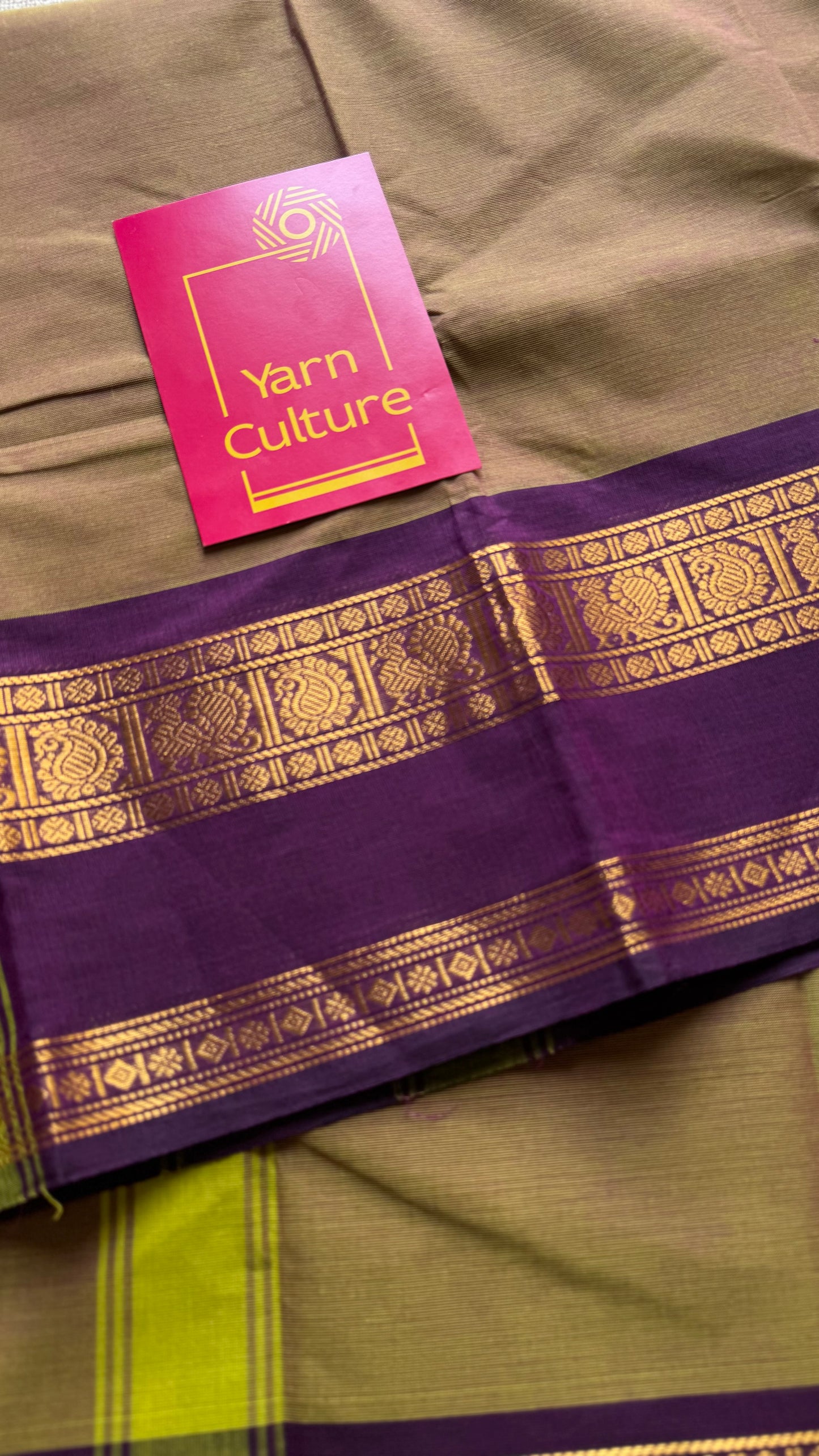 Pale taupe dual tone with dark purple contrast border, kanchi cotton - YCCOTNOCCC05