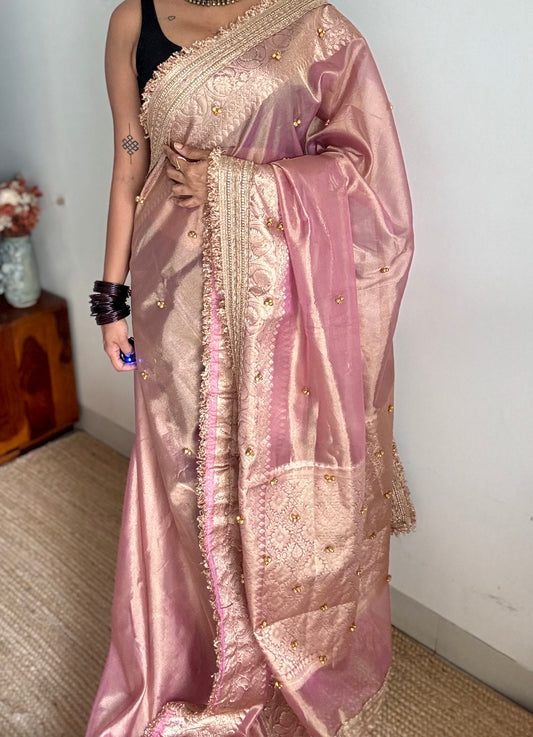 Pink gold tissue Banarasi saree with ghungroo embellishments and zari border - YCBLTOC71