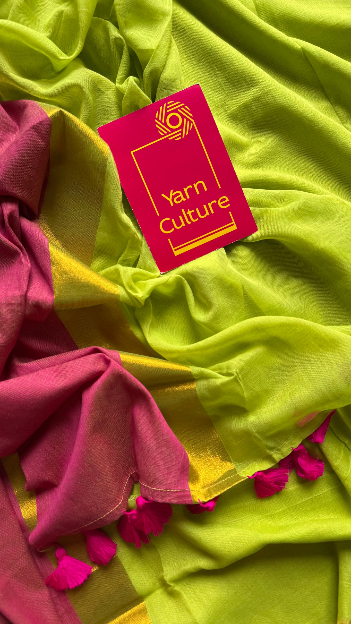 Lime green with contrast dark pink border, gold zari - YCBCMCLSE13