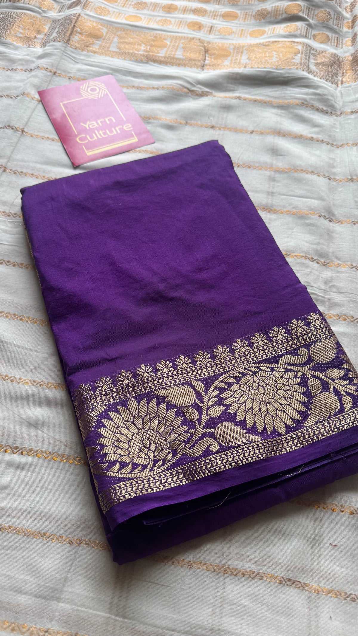 Purple, semi crepe silk saree with antique gold floral border - YCLOKOC59