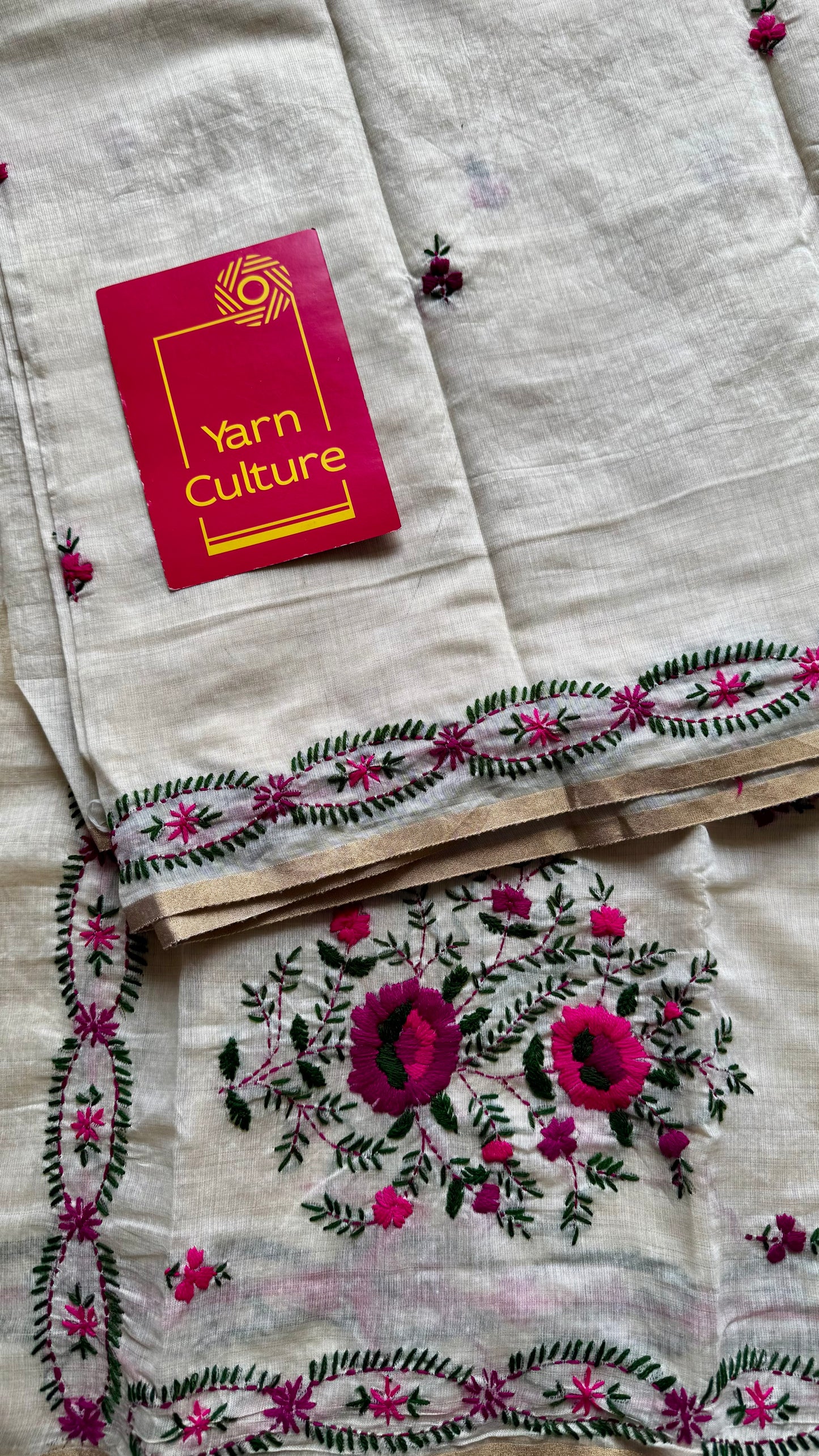Ivory maheshwari cotton silk blend with purple and magenta floral kantha threadwork - YCBLAUMK08