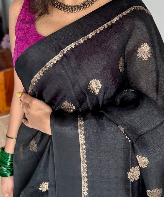 Black in viscose soft silk with satin border, jacquard zari motifs - YCDOSFE201
