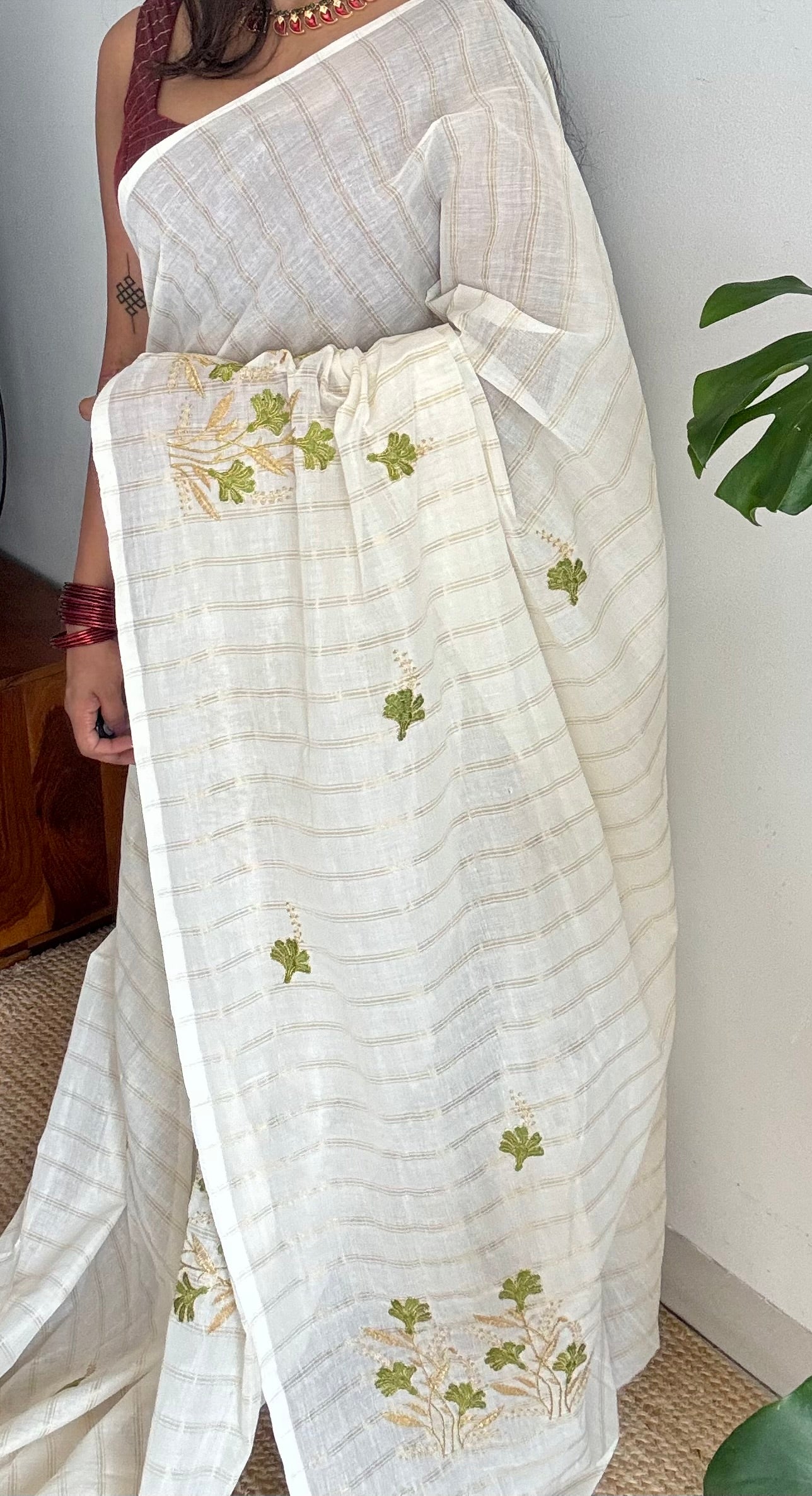 Ivory and gold soft cotton saree, light green floral embroidery - YCIEON49