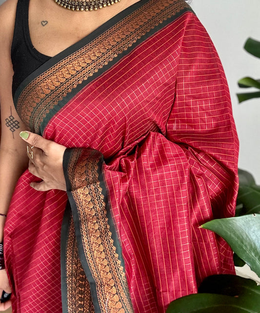 Dark red with green, zari checkered saree, cotton silk - YCCOTNKCOC100