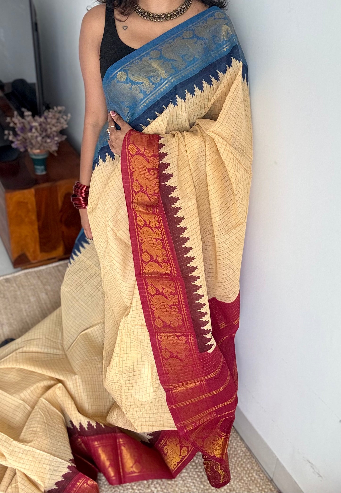 Blue - maroon sungudi cotton checks, sandal colour base, soft cotton - YCCOTNJSUN02