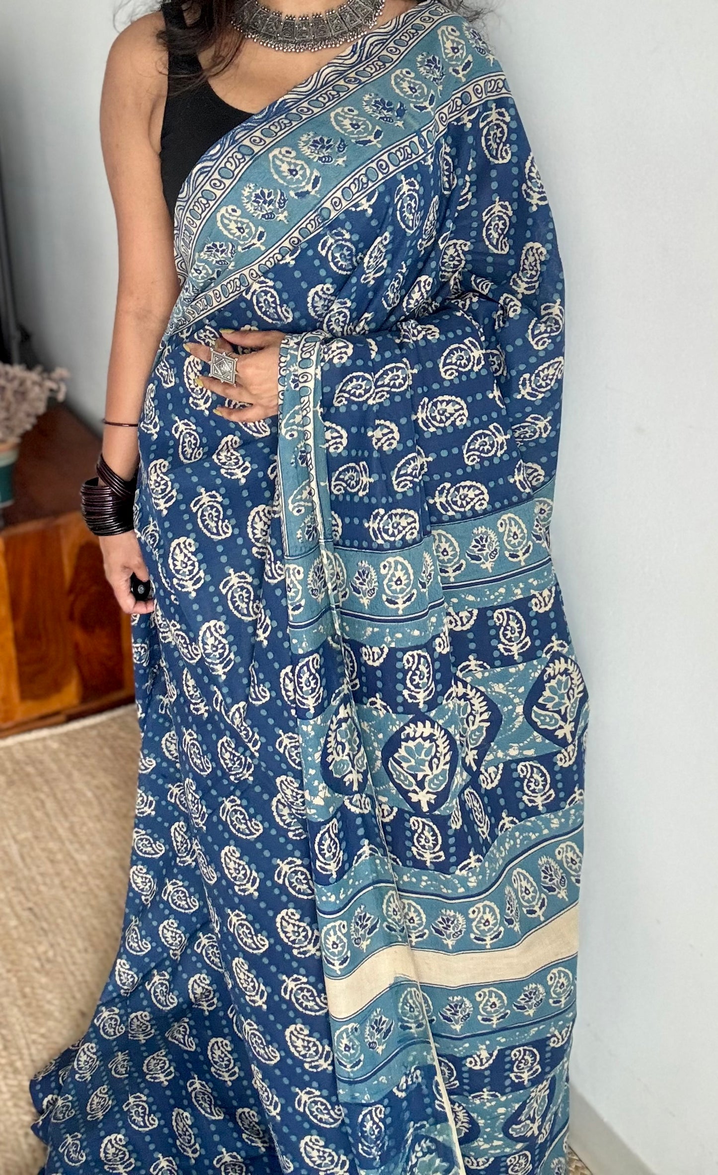 Indigo with light blue kalamkari, paisley motifs, soft cotton - YCWOTDOCMP84