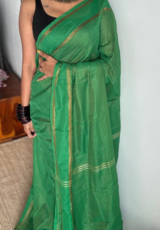 Green, gap border, copper zari stripes, soft cotton - YCBCKCZDE116