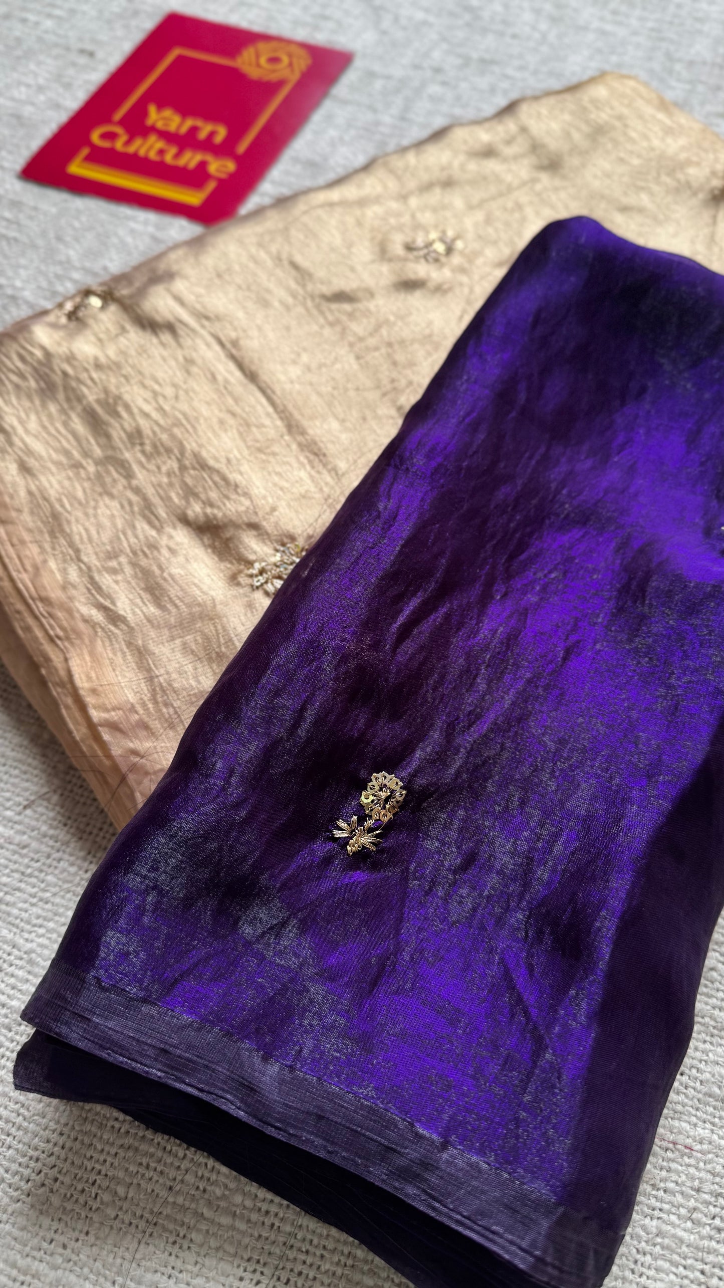 Light gold with a hint of pink, fendy satin with sequin work, contrast violet blouse - YCDOSFE14
