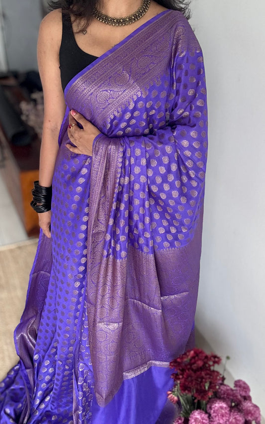 Wisteria - Dark lavender with a hint of blue, antique gold zari, Banarasi semi georgette - YCBLFEGAGZ20